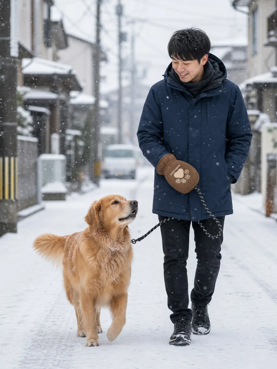 WarmLeash mitten leash used during a snowy walk with a golden retriever.