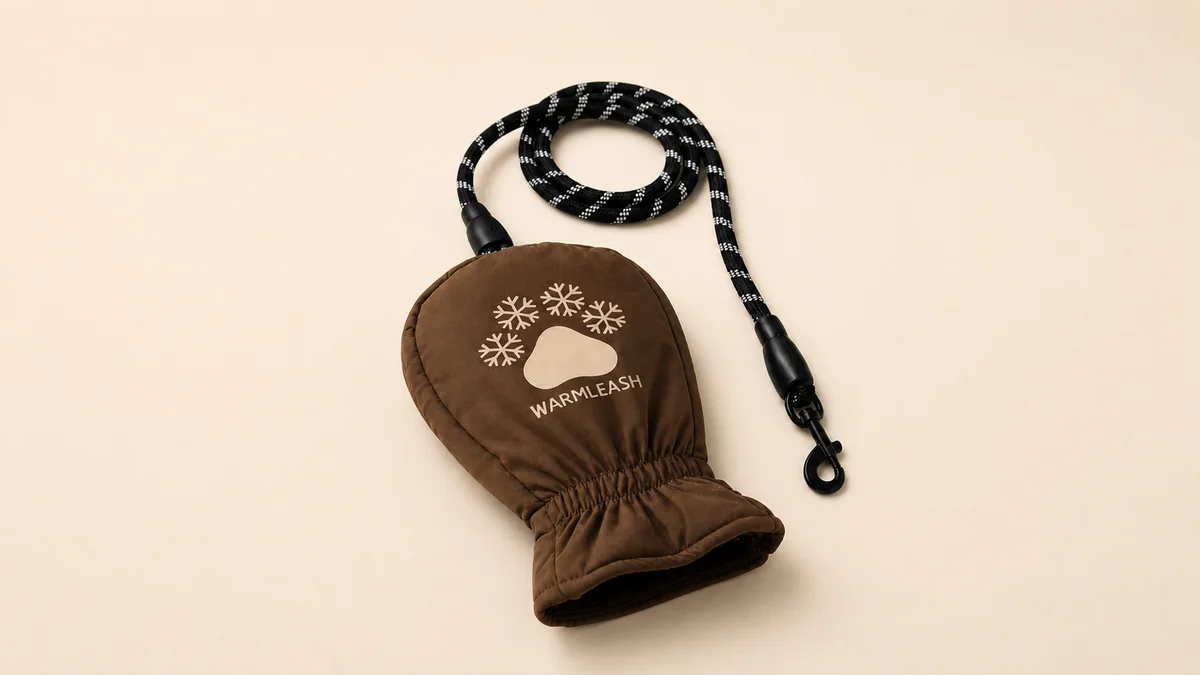 WarmLeash Control mitten leash with black rope photographed on a warm ivory background.